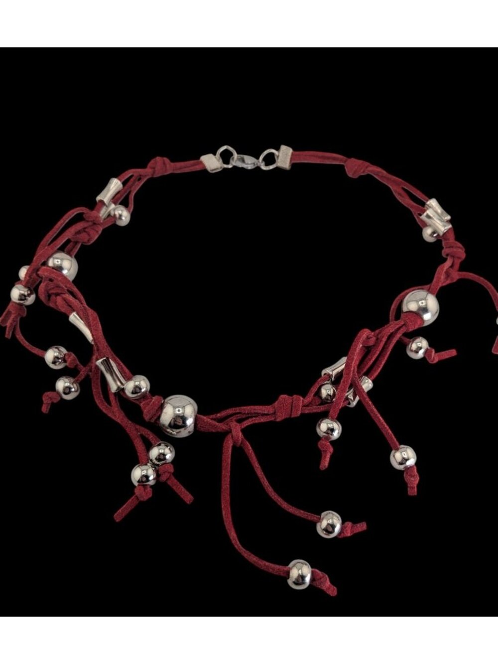Boho Western Y2K Fringe Red Faux Suede Silver Bead Necklace
